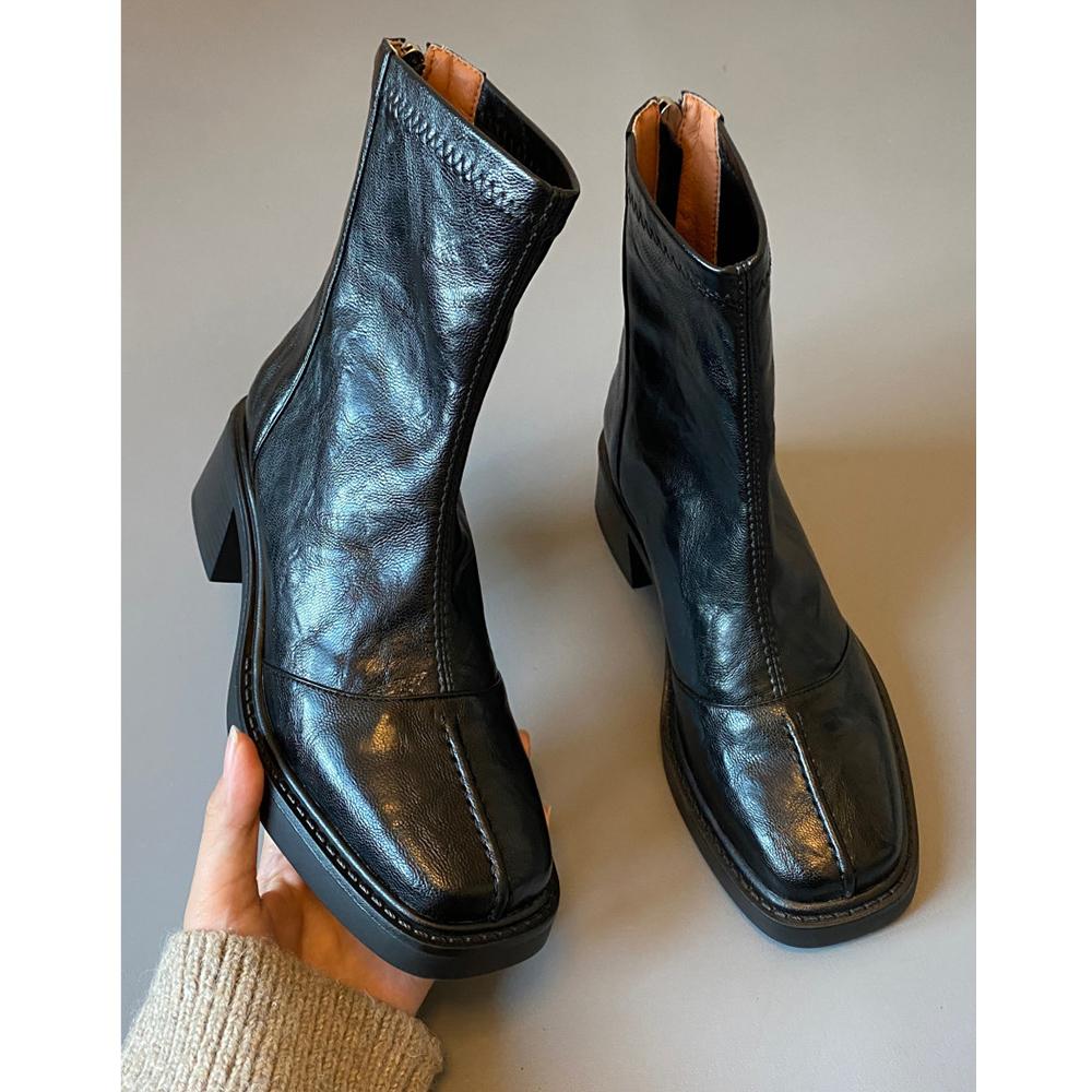 Leather square head rear zipper Martin boots women's 2025 new spring and autumn retro commuting thick heel thin boots high heel short boots