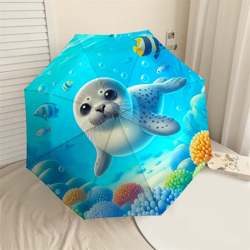 

1pc seal ocean Automatic Open/Close Umbrella with Windproof, 8-Rib Sturdy Canopy, Durable Ribs, Fashionable Design1187A