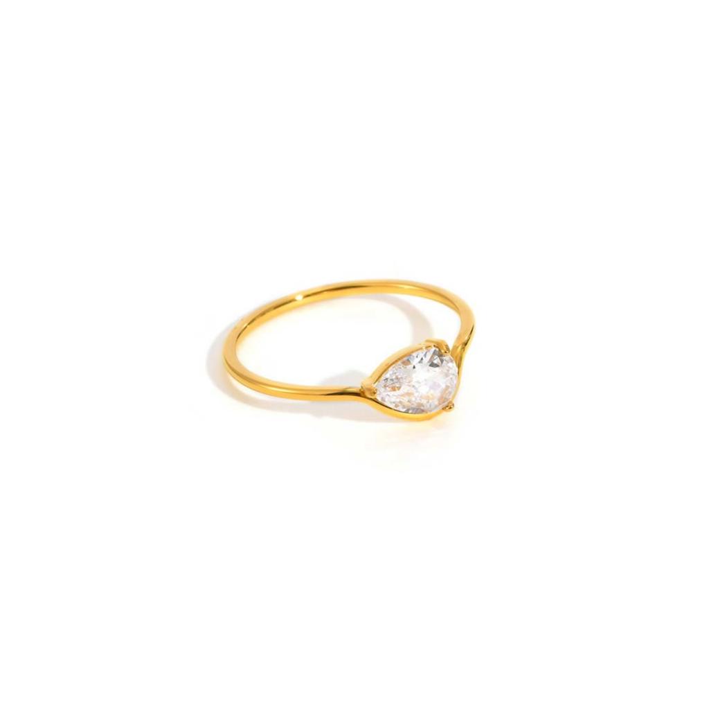Minimalist Water Drop White Zircon Women Ring, Wave Drop Stainless Steel Ring, 18K Gold Plated Waterproof Luxury Jewelry