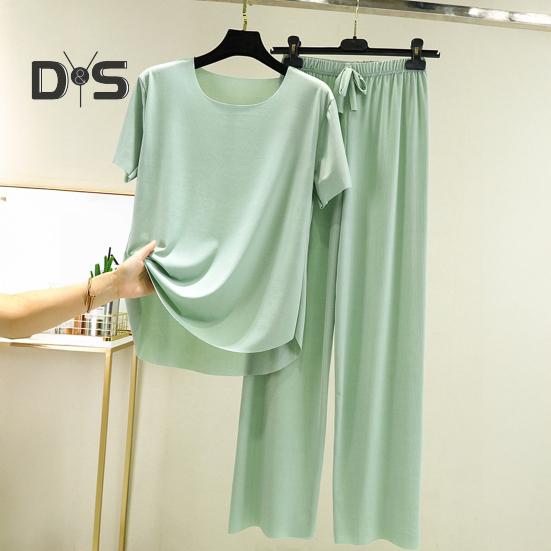 Women's Ice Silk Pajamas Set Short Sleeved Top Wide Leg Pants Sleepwear Set Summer Ultra Thin Two Piece Lounge Nightwear