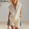 New Summer Zipper-Neck Patchwork Casual Top + Shorts