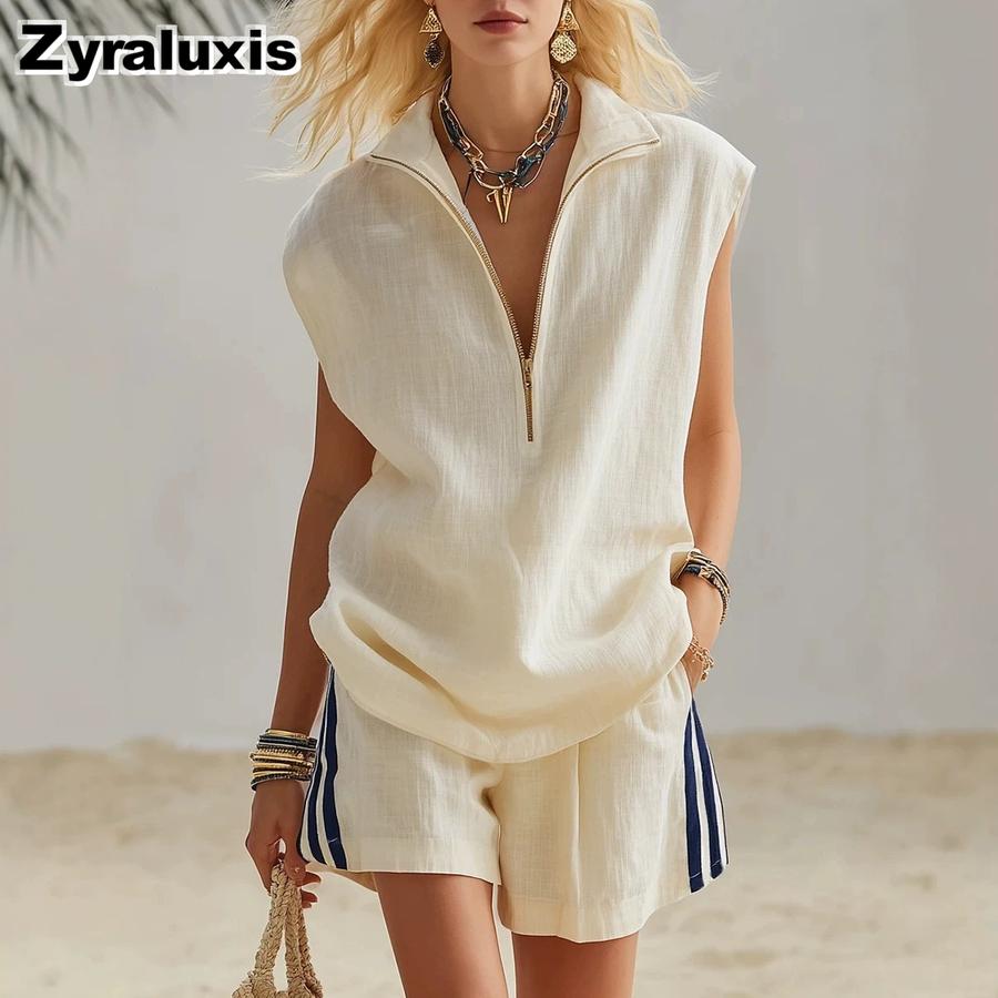 New Summer Zipper-Neck Patchwork Casual Top + Shorts