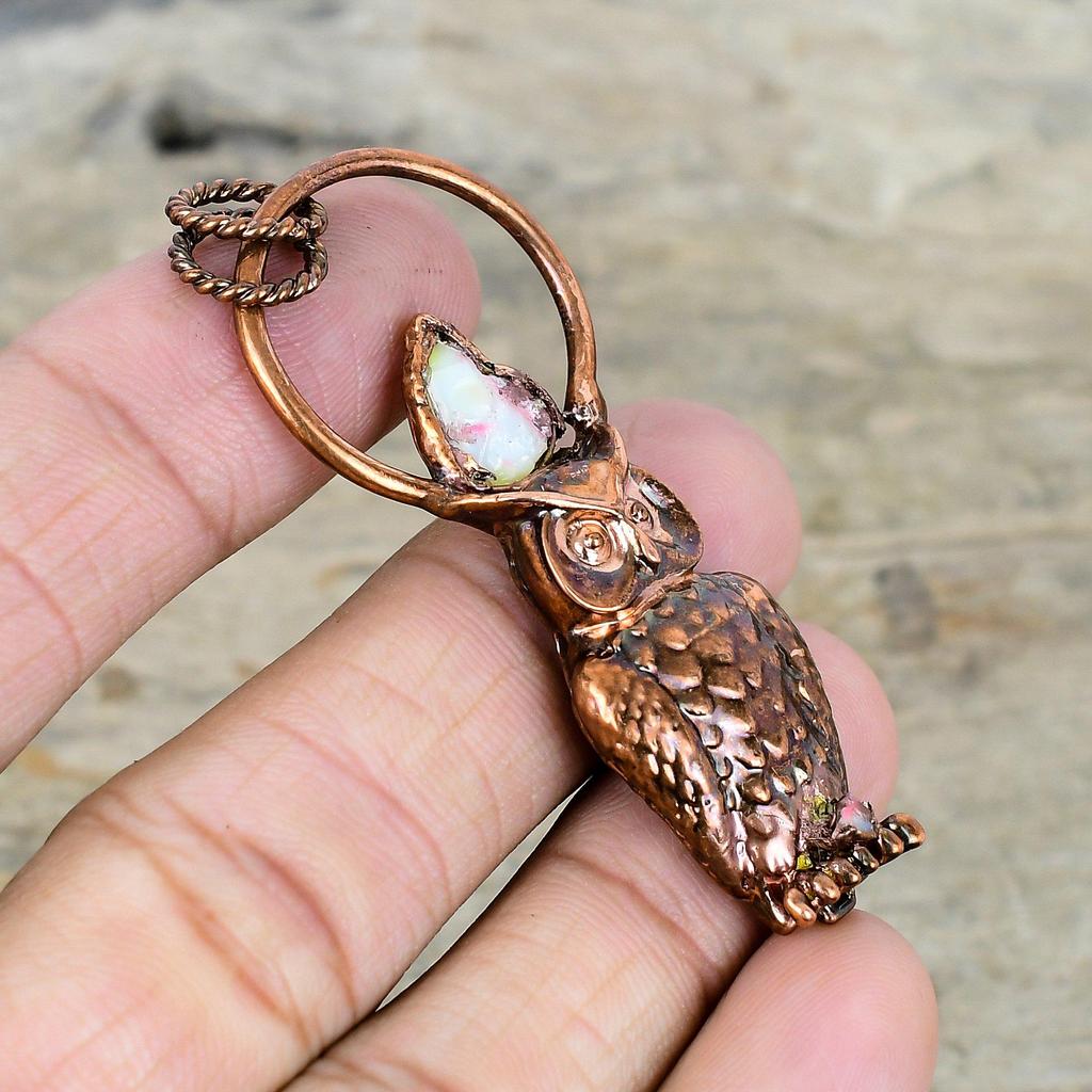 Ethiopian opal pendant electroformed copper pendant handmade jewelry gemstone pendant owl design pendant electroformed jewelry gifts for him