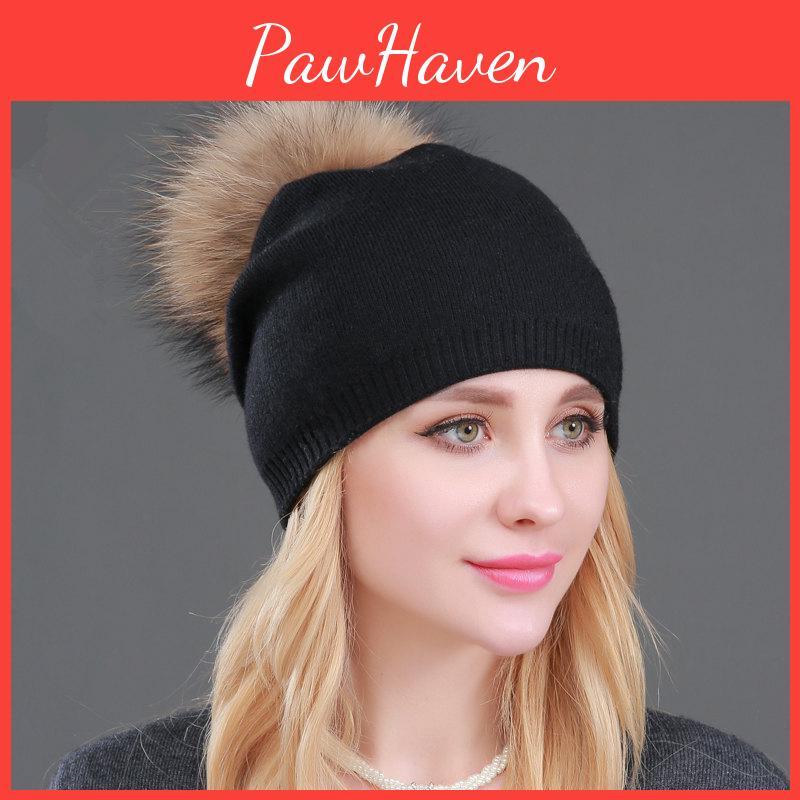 Winter Knitted Womens Autumn Wool Hat With Raccoon Fur Pompom Stylish Warm Pullover Design