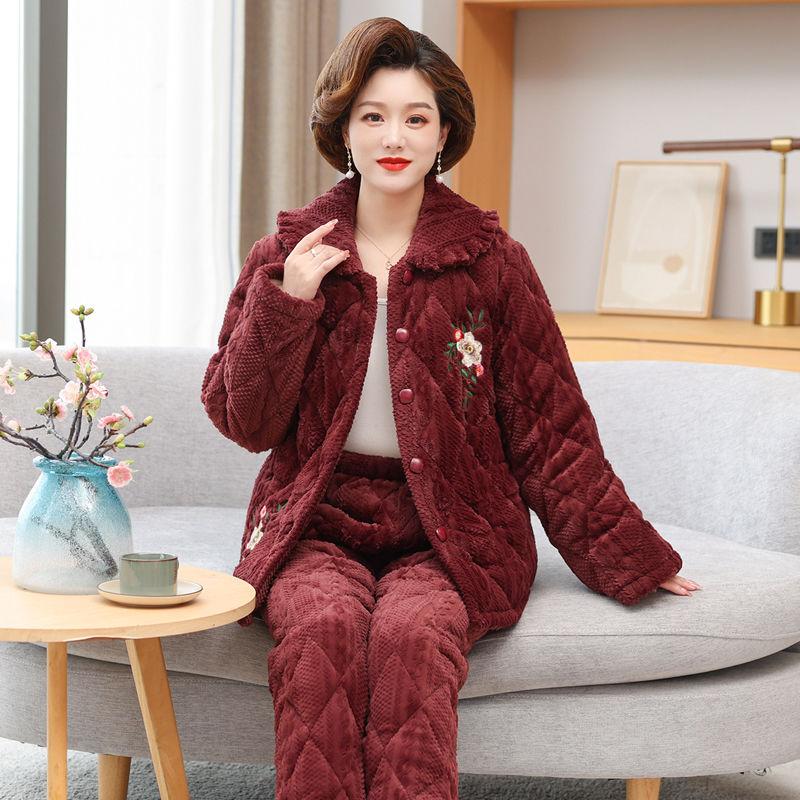 Autumn Winter Women's Padded Thick Coral Fleece Coat and Pants Two-piece Warm Pajamas Set Loungewear