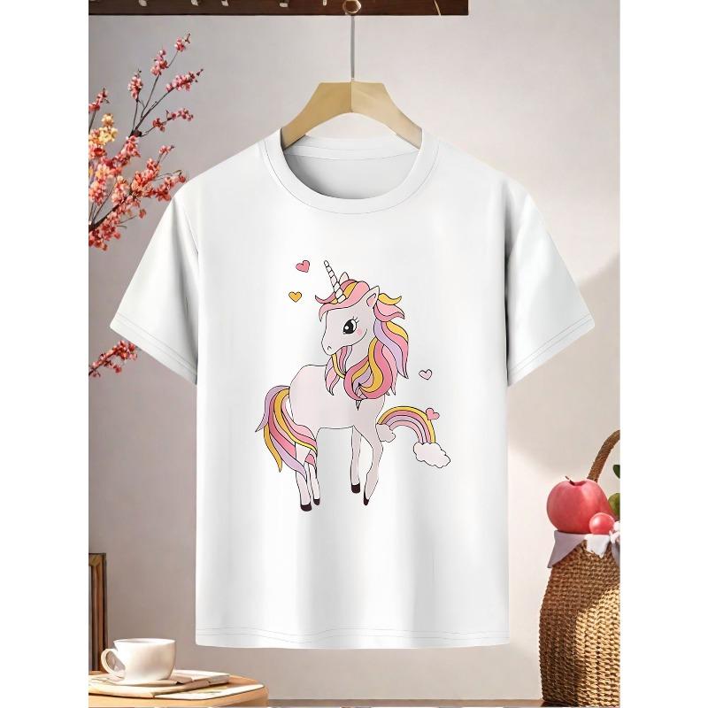 European sizes Girls' Casual Pink T-Shirt with Unicorn & Rainbow Print - Soft Breathable Knit Top, Short Sleeve Round Neck Summer Tee