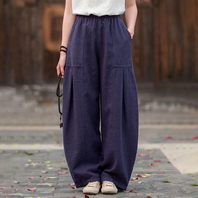 Women Elastic Waist Linen Harem Pants Pleated Pocket Loose Wide Leg Balloon Trousers Boho Casual Summer Long Pants
