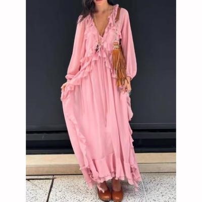 Elegantes Damen Maxi Langes Rosa Rüschen Lagenkleid Dame Schick V-Ausschnitt Laternenärmel Locker Stufenkleider Roben