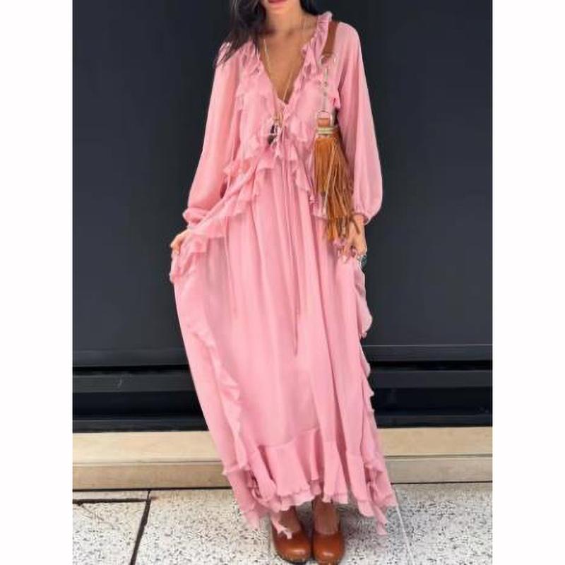 

Женское элегантное макси длинное розовое платье с оборками и многослойное леди шик V-образный вырез рукава-фонарики свободные ярусные платья робы L розовый