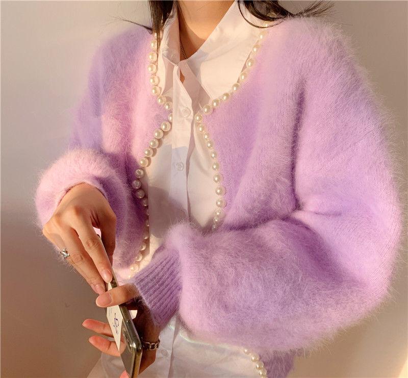 2022 Ladies Pearl Knit Lantern Sleeves Imitation Mink Fleece Sweater Cardigan Jacket Women