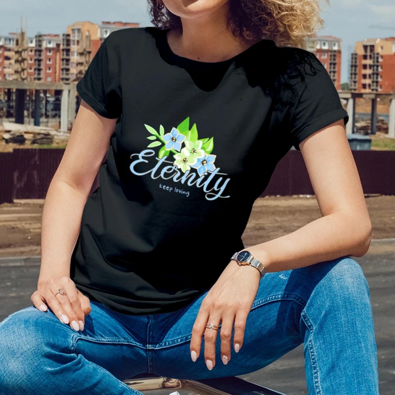 

Women s Short Sleeve T-Shirt Eternity Floral Print for Outdoor Summer Evenings Young Women with a Romantic Style S чёрный