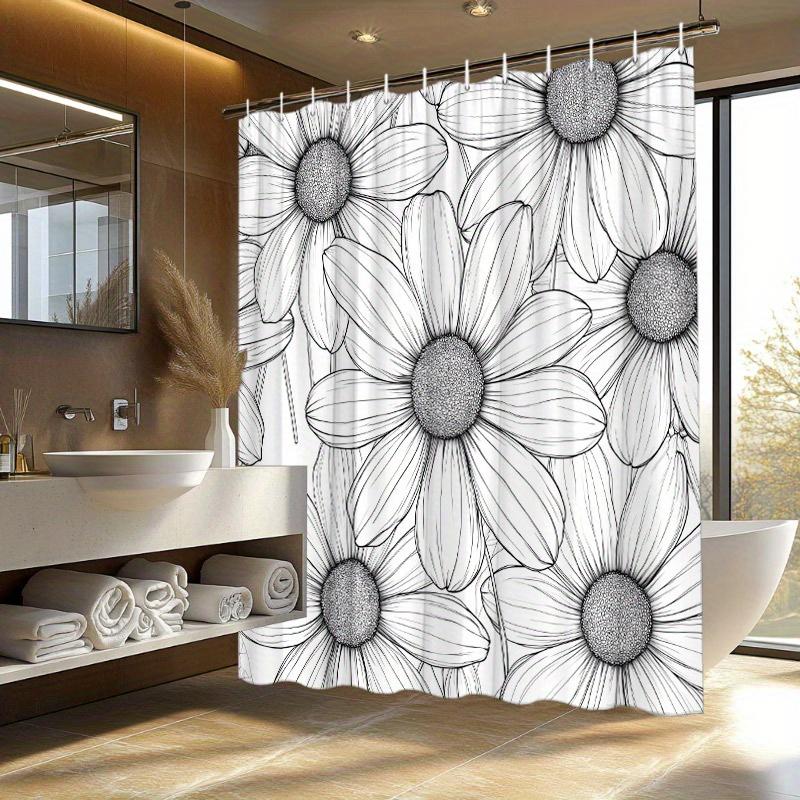 Elegant Daisy Cluster Shower Curtain - Black & White Botanical Art, Polyester, Washable Bath Decor For Modern Interiors