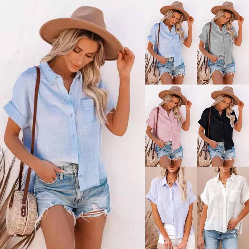 Camicia estiva a maniche corte con colletto rovesciato, tinta unita, camicia con bottoni, da donna, camicetta tascabile taglie forti, top da donna