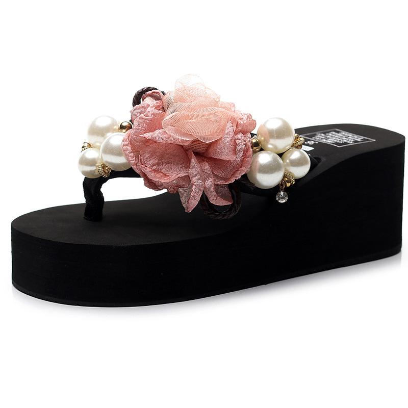 Fashion Platform Sandals 2024 Summer Fashion Women Flip Flops Wedge Beach Slides Flower Pearl Ladies Outside Thick Sole Bohemian Sandals