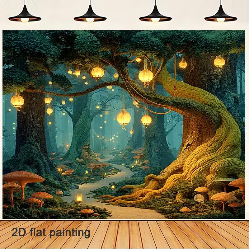 

2D Fairy Tale Forest Wall Decor, Glowing Lanterns on Ancient Tree Tapestry 47.2x31.5inch/120*80cm