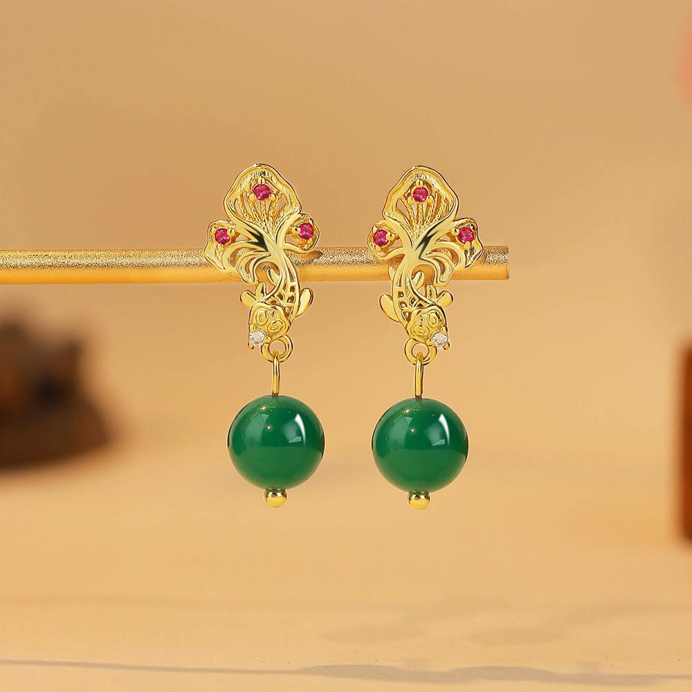 Eco-friendly Sand Gold & Green Chalcedony Vintage Earrings - Yearly Abundance Style in 925 Silver Needle & Copper