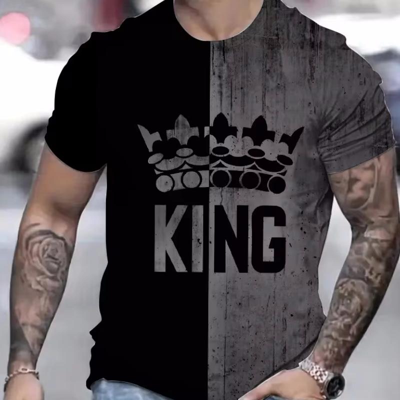 Summer Round Neck 3D King Pattern Print Top Fashionable Casual Short Sleeved Men's T-shirts