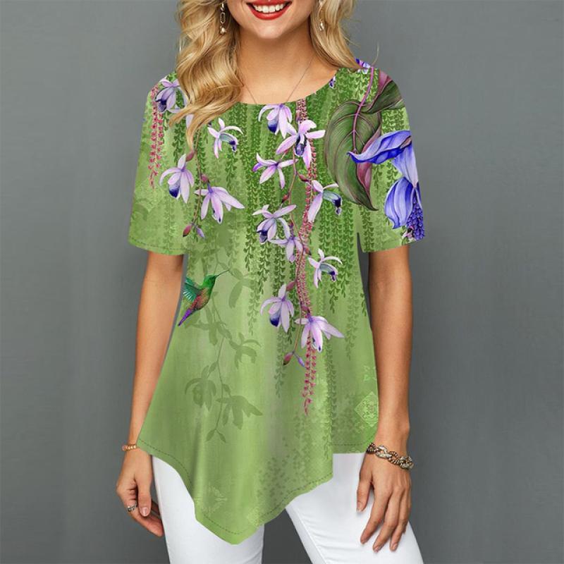 

Женская футболка с цветочным тематическим принтом и графическим принтом с круглым вырезом, макси-топ, футболка с короткими рукавами XS-8XL/3D-печать 4XL