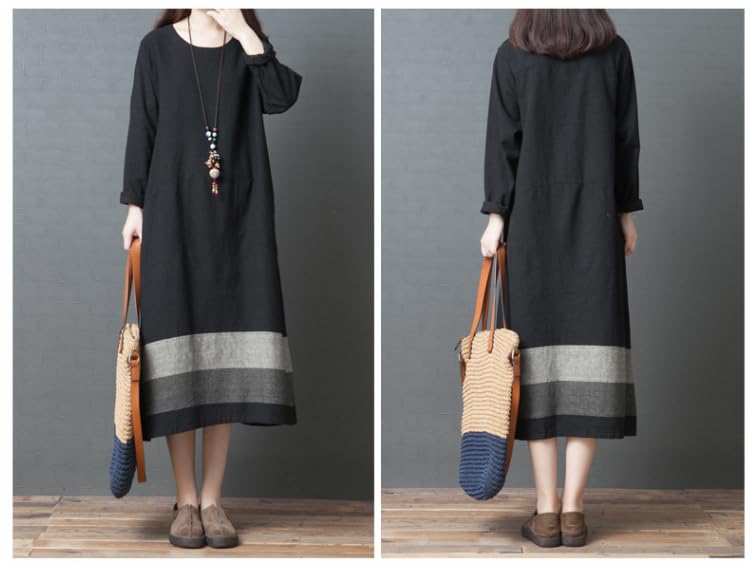 JINJUDUO Long Loose Midi Color Relaxed Sizes Office Fall Women's Cotton-Linen Dress, Sleeve, A-Line, Fit, Length, Block, Design, M-2XL, Slimming,