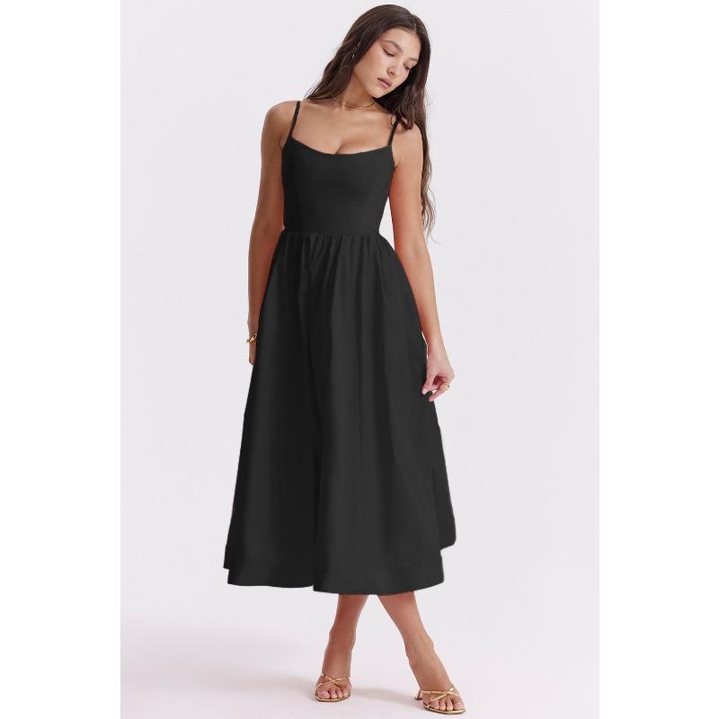 Vestido de Verão Solto com Suspensório Moda Novo Elegante Feminino Sem Mangas Decotado Linha A Vestidos de Festa Simples Cor Sólida Roupas Femininas