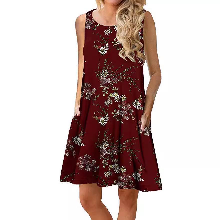 2020 Sleeveless European-American Floral Pocket Beach Dress