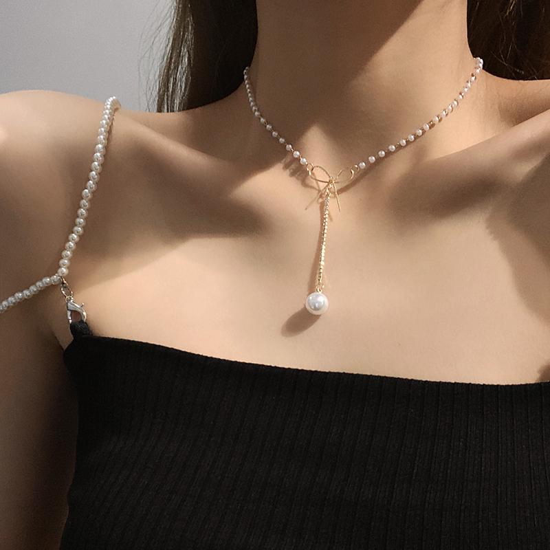 New Korean Pearl Necklaces for Women Gold Color Link Chain Choker Fashion Neck Accessories Elegant Collar Bijoux Femme