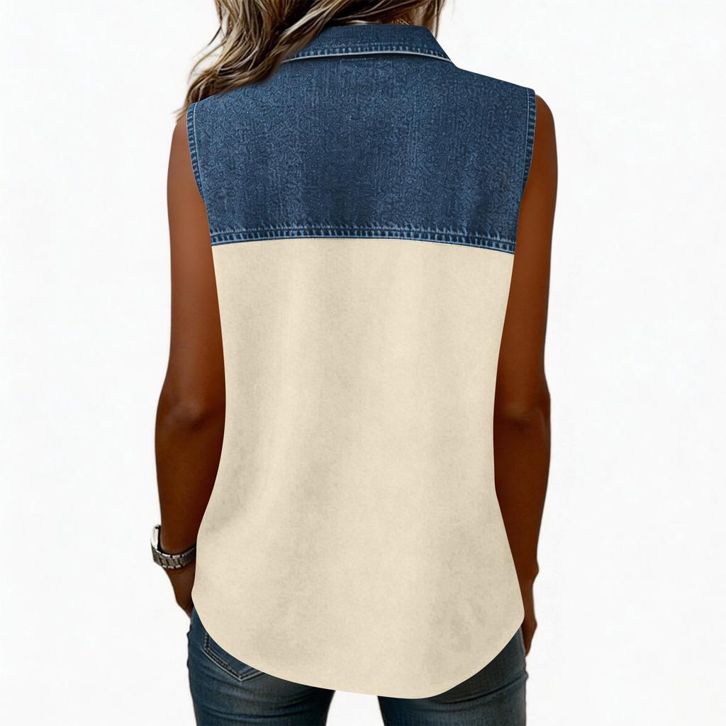 Women's Casual Fashion Denim Patchwork Sleeveless Button-Down Top Vest