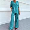 Completi da Donna in Lino a 2 Pezzi Manica 3/4 Scollo a V Pantaloni a Gamba Larga Abiti da Spiaggia Viaggio