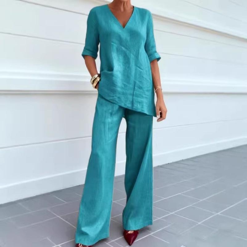 Completi da Donna in Lino a 2 Pezzi Manica 3/4 Scollo a V Pantaloni a Gamba Larga Abiti da Spiaggia Viaggio