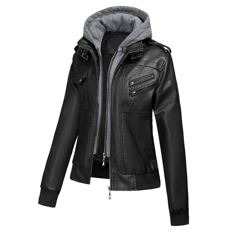 Hooded Leather Jacket Autumn Women`s Faux