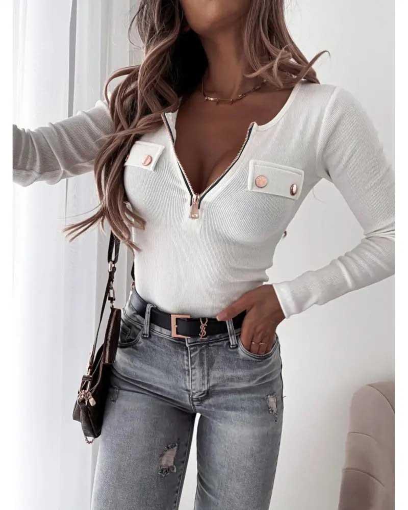 2025 Women's Ribbed Knit Slim-Fit V-Neck Long Sleeve Pullover with Metal Zipper