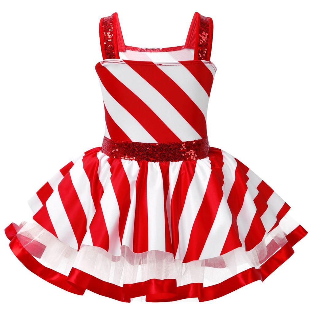 Children Girls Sequins Dance Tutu Dress Leotard Christmas Party Mrs Santa Claus Candy Cane Costume