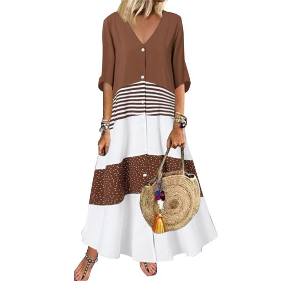 

V-neck Half Sleeve Large Hem Maxi Dress Dot Patchwork Printed Buttons Shirt Dress Ladies Clothing 2XL