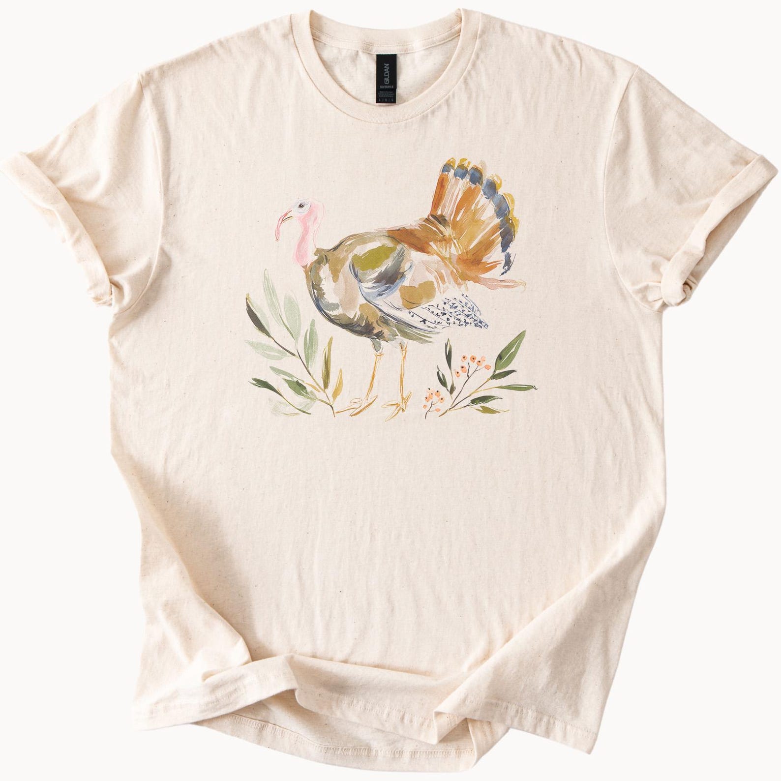Watercolor Turkey Graphic Shirt Fall Thanksgiving Bird Floral Leaves Nature Art Tee Wildlife Animal Illustration Soft Cotton Top 110