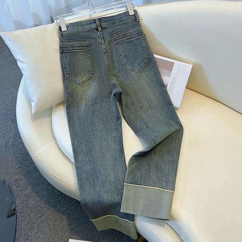 Vintage Style Curled Edge Straight Leg Jeans Women Summer Solid Color Elegant Denim Pants Female Loose High Waist Women Pants