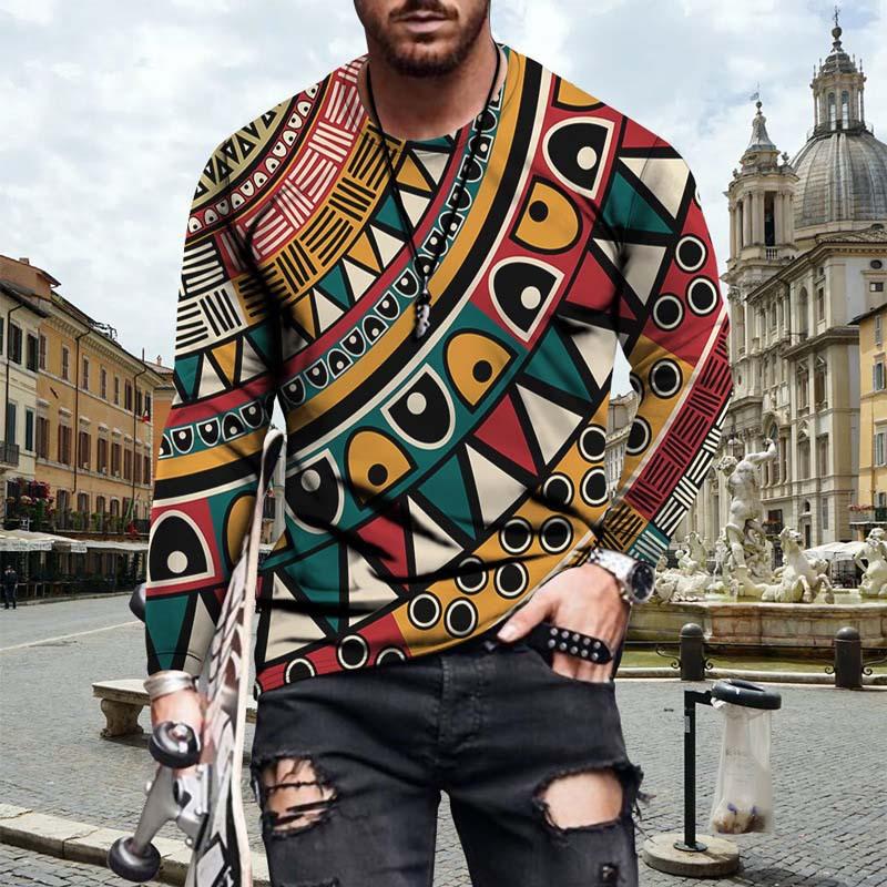 3D Ethnic Pattern Printed Fashionable Casual Long Sleeved Men's T-shirts - Soft Medium Stretch Polyester Fabric Spring and Autumn Relaxed Fit Clothing