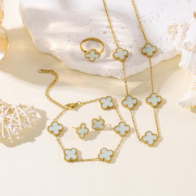 4pcs Four-Leaf Clover Four-Piece Set Including Necklace, Bracelet, Earrings and Ring, Versatile Lucky Five-Petal Fashion Jewelry