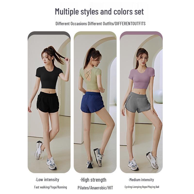 Damen Schnelltrocknendes Yoga-Set: Gepolstertes Kurzarm-Top & Enge Shorts für den Sommer