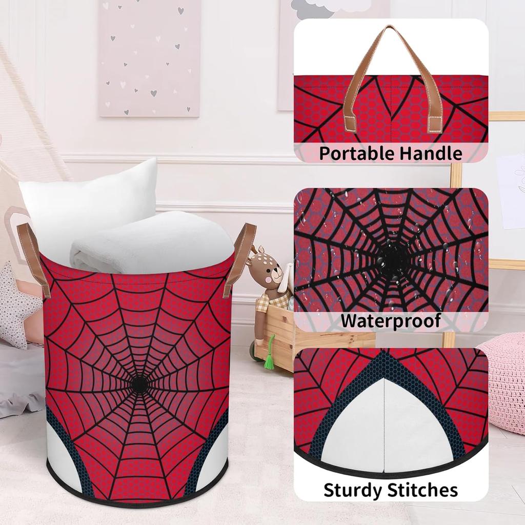 Large Laundry Hamper Basket Red Spider Web Round Collapsible Storage Organizer Bin for Kids, Boys, Nursery, Closet, Bedroom, Playroom, Toys, Dirty