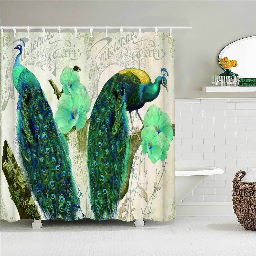 3D Flowers and Birds Peacocks Shower Curtain Waterproof Bathroom Curtains Polyester Home Decor Bathtub Curtain Screen with Hooks