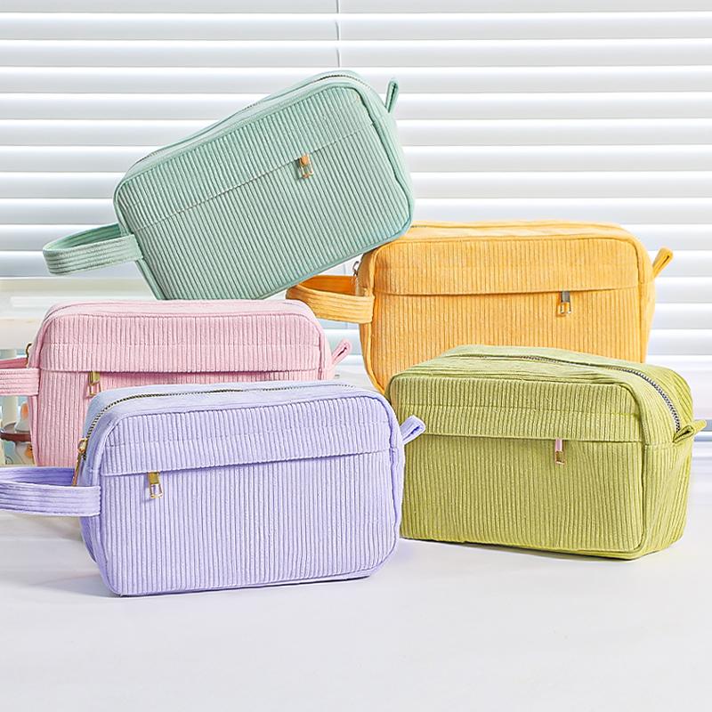 Cream Corduroy Pencil Case Big Capacity Square Shape Pen Case Pouch for Office School Supplies