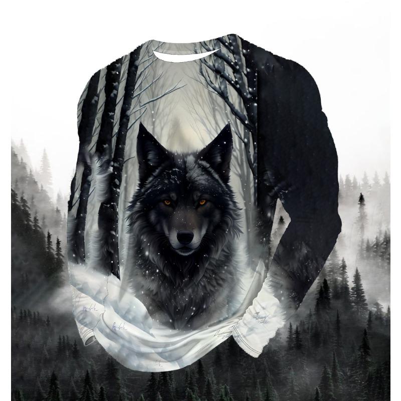 2024 Men's Fashion Print Round Neck Long Sleeve Party Autumn Sports Casual Pullover Men 3d Lonely Wolf Blue Print Tops