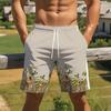 Men Drawstring Elastic Waist Shorts Light Gray Peach Rose Green Leaf Border Floral Print Bottoms