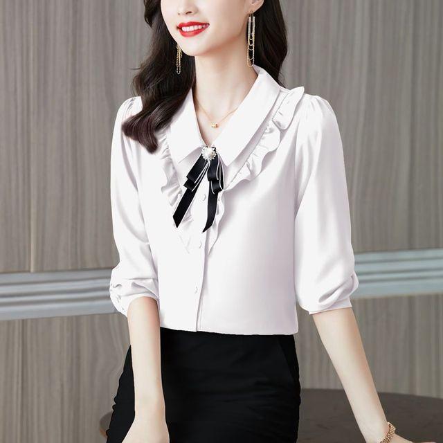 

Весенне-осенняя новая однотонная рубашка с длинными рукавами, женственная блузка с квадратным вырезом и бантом, универсальный модный топ M-4XL XXL белый
