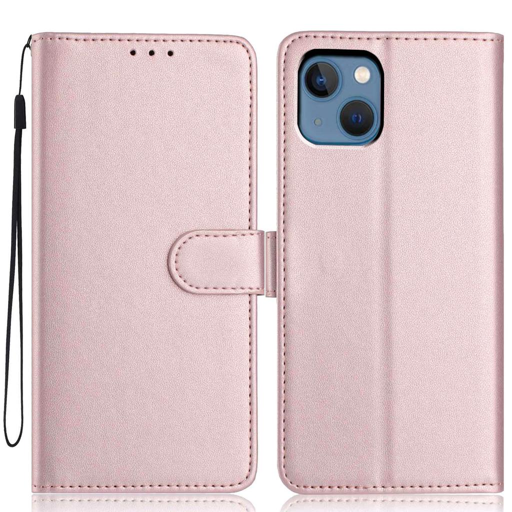 For iPhone 14/13 Wallet Case with Strap/Multiple Card Slots Solid Color Leather Stand Phone Cover