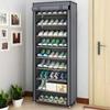 Multi-layer shoe cabinet with dust-proof rolling shutter door. Space-saving storage organizer for everyday use.
