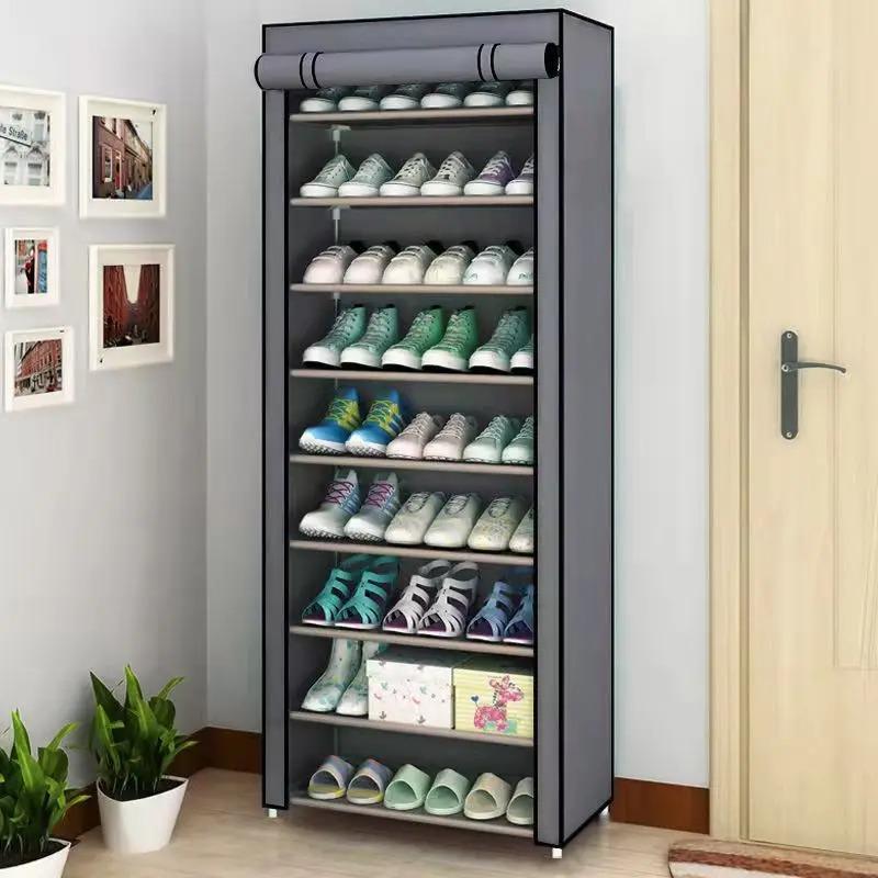 Multi-layer shoe cabinet with dust-proof rolling shutter door. Space-saving storage organizer for everyday use.