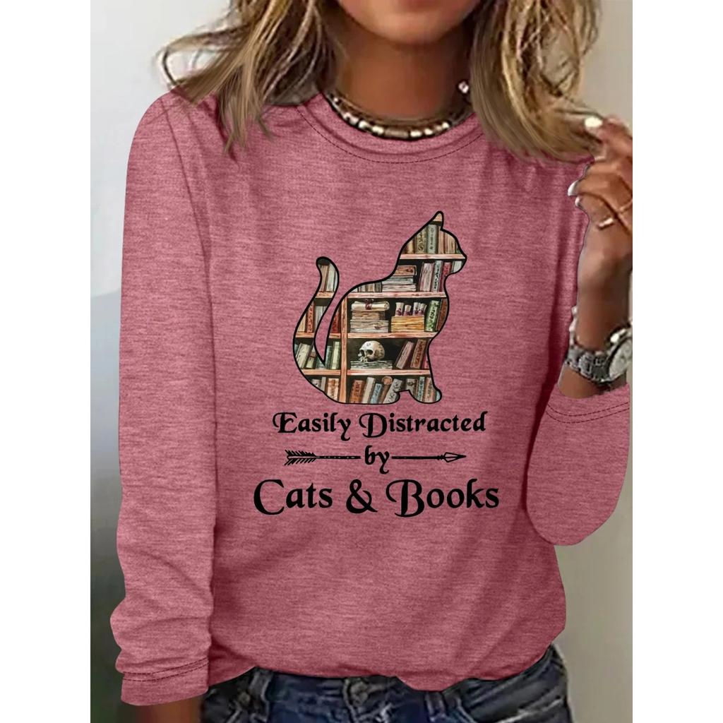Fun Cat Print Top with Retro Artistic Style Round Neck Long Sleeved Women's T-shirts