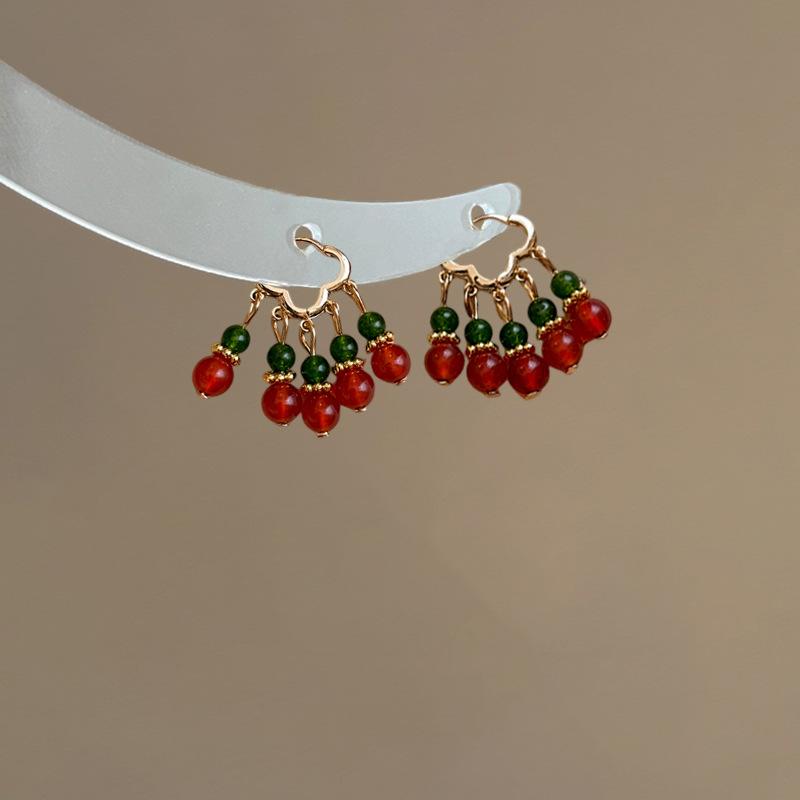 New Chinese court style beaded earrings, women s light luxury retro high-end ear buckles, square and round face, small earrings