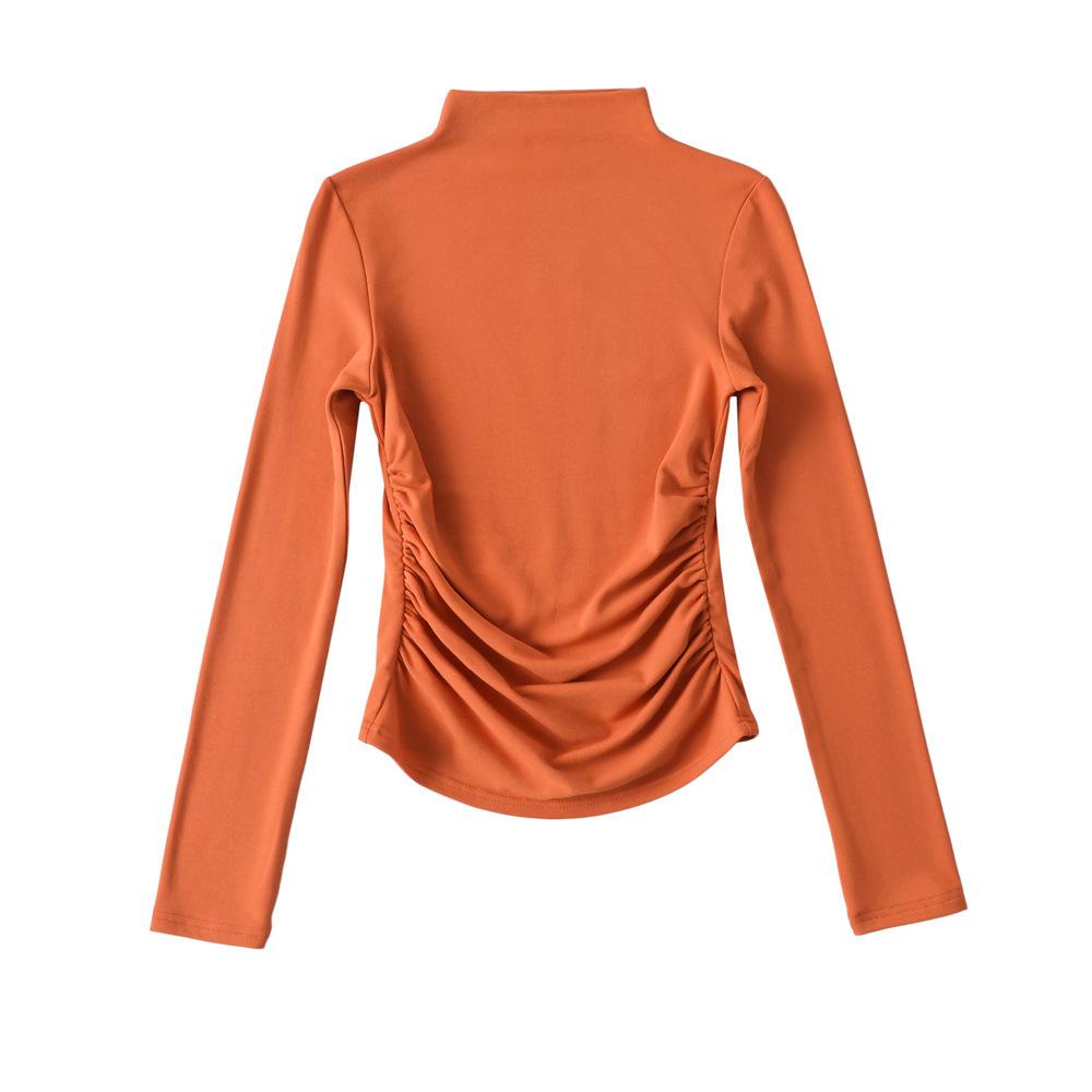 Autumn new women's European and American solid color velvet warm semi-turtleneck bottoming shirt pleated slim-fitting long-sleeved T-shirt